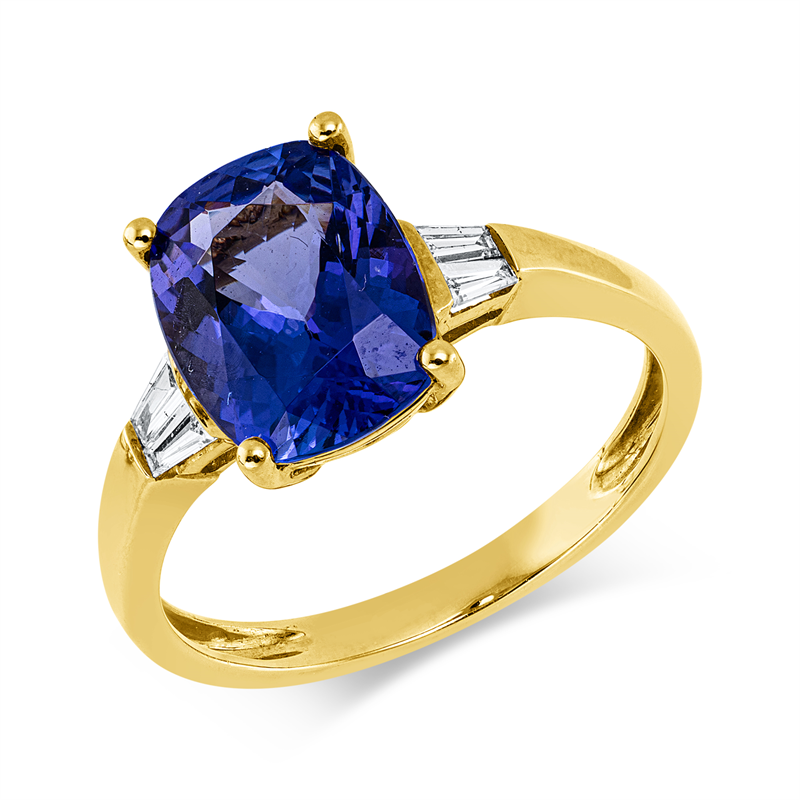 Ring mit Tansanit  aus 750/-18 Karat Gelbgold mit 4 Diamanten 0