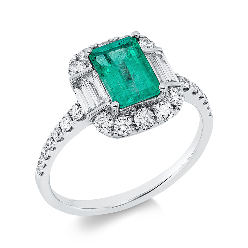 Ring mit Smaragd  aus 750/-18 Karat Weißgold mit 28 Diamanten 0