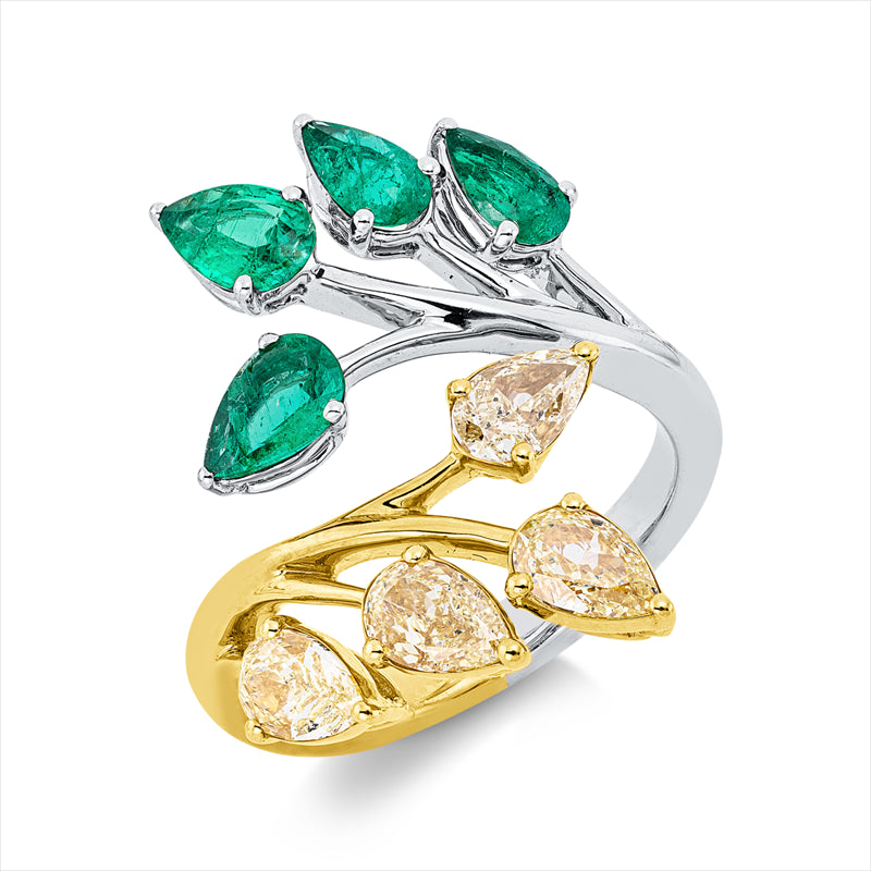Ring mit Smaragd  aus 750/-18 Karat Weißgold / Gelbgold mit 4 Diamanten 1