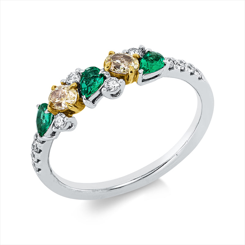 Ring mit Smaragd  aus 750/-18 Karat Weißgold / Gelbgold mit 14 Diamanten 0