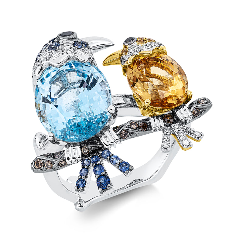 Ring mit Saphir  aus 750/-18 Karat Weißgold / Gelbgold mit 38 Diamanten 0