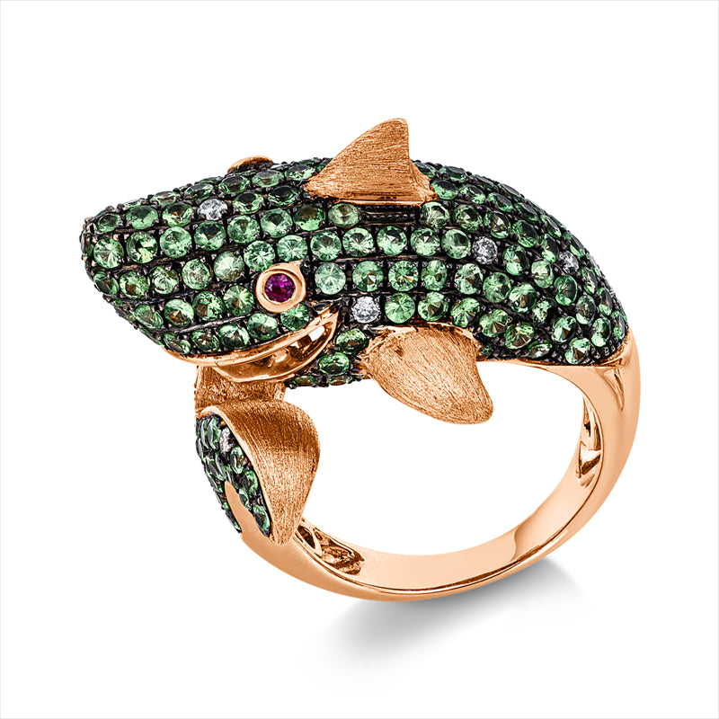 Ring mit Farbstein  aus 750/-18 Karat Rotgold mit 11 Diamanten 0