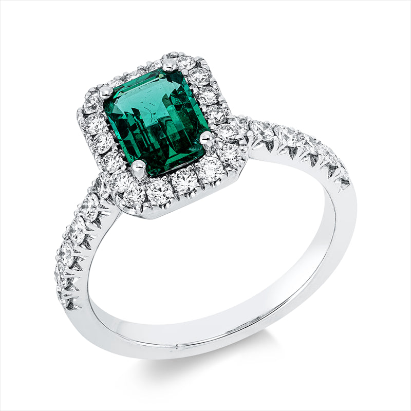 Ring mit Smaragd  aus 750/-18 Karat Weißgold mit 32 Diamanten 0