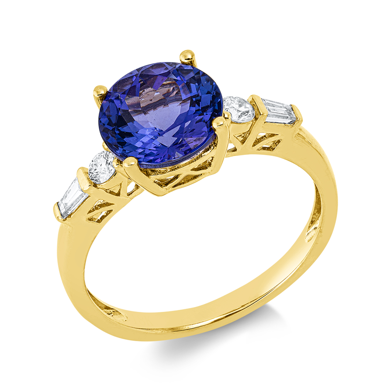 Ring mit Tansanit  aus 750/-18 Karat Gelbgold mit 4 Diamanten 0