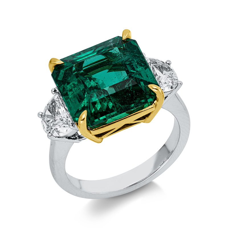 Ring mit Smaragd  aus 750/-18 Karat Weißgold / Gelbgold mit 2 Diamanten 1