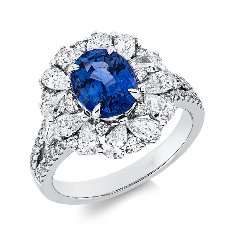 Ring mit Saphir  aus 750/-18 Karat Weißgold mit 54 Diamanten 1