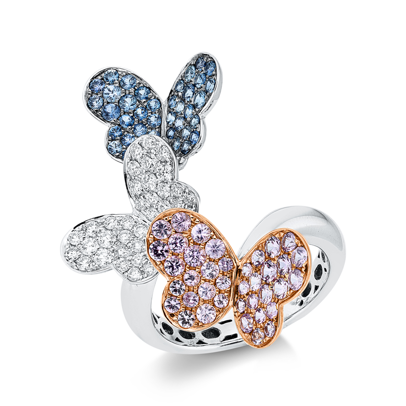 Ring mit Saphir  aus 750/-18 Karat Weißgold / Rotgold mit 38 Diamanten 0