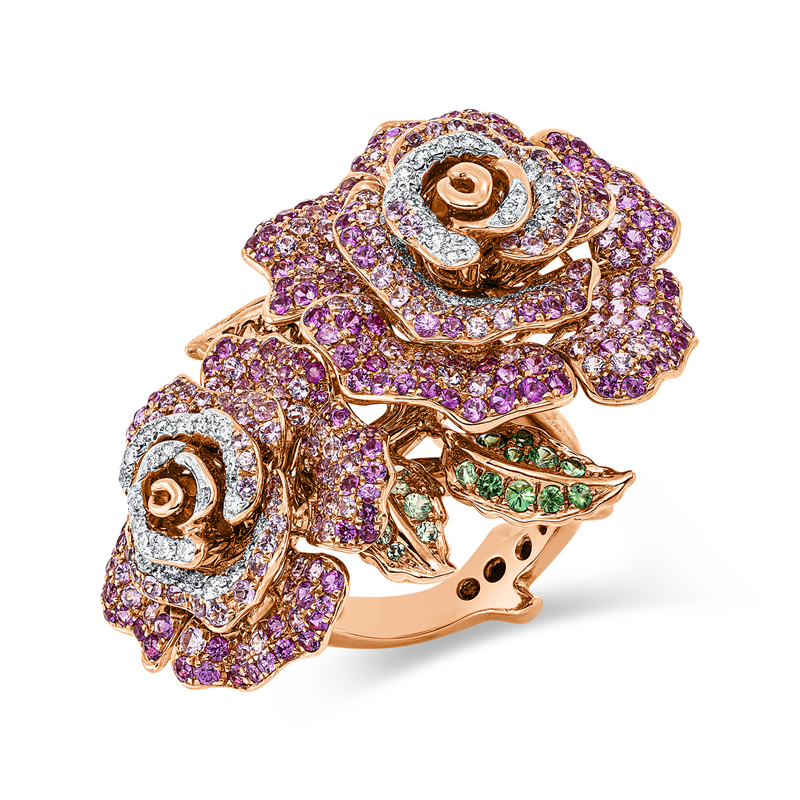 Ring mit Saphir  aus 750/-18 Karat Rotgold / Weißgold mit 60 Diamanten 0