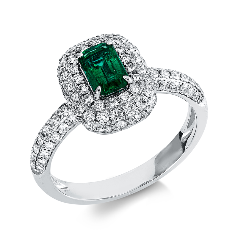 Ring mit Smaragd  aus 750/-18 Karat Weißgold mit 98 Diamanten 0