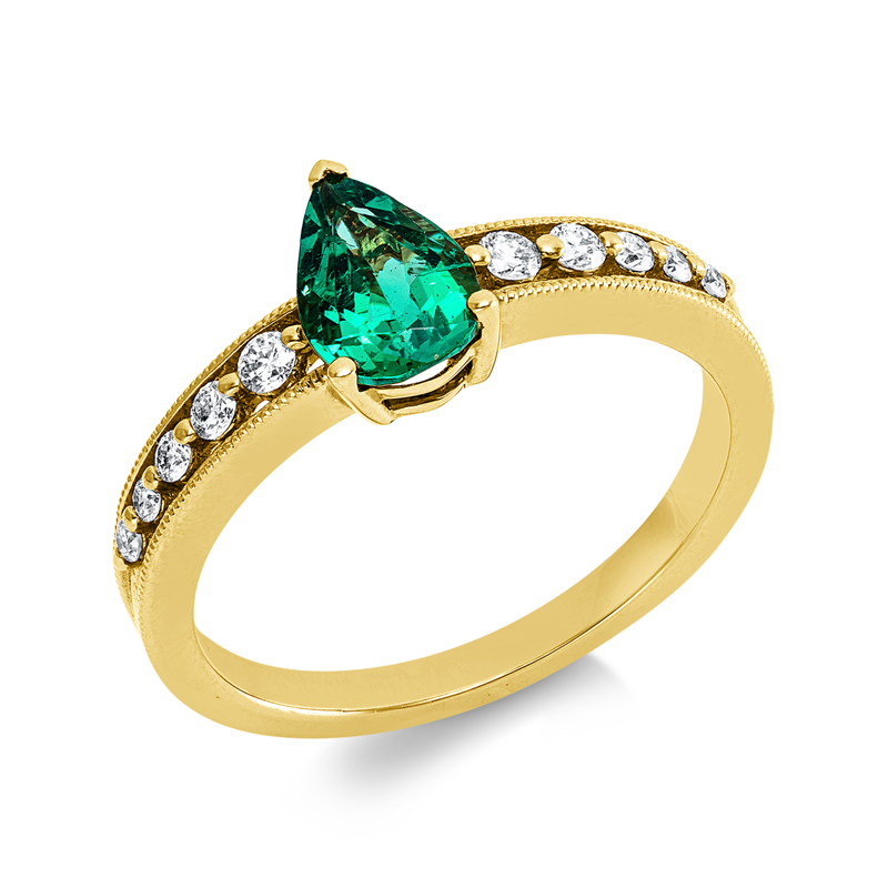 Ring mit Smaragd  aus 750/-18 Karat Gelbgold mit 10 Diamanten 0