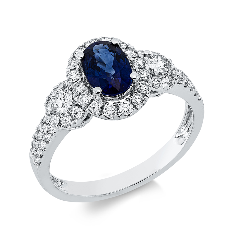 Ring mit Saphir  aus 750/-18 Karat Weißgold mit 50 Diamanten 0
