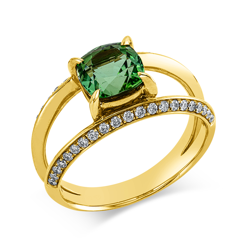 Ring mit Turmalin  aus 750/-18 Karat Gelbgold mit 42 Diamanten 0
