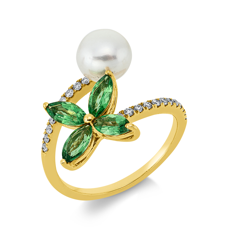Ring mit Tsavorith mit Süßwasserperle aus 750/-18 Karat Gelbgold mit 22 Diamanten 0