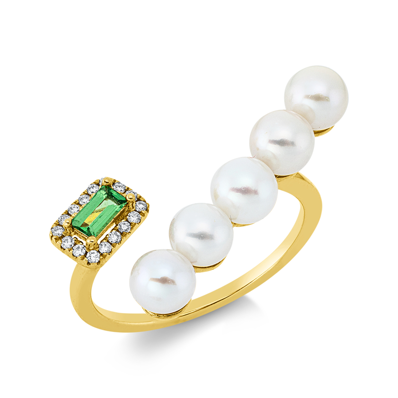 Ring mit Tsavorith mit Süßwasserperle aus 750/-18 Karat Gelbgold mit 16 Diamanten 0