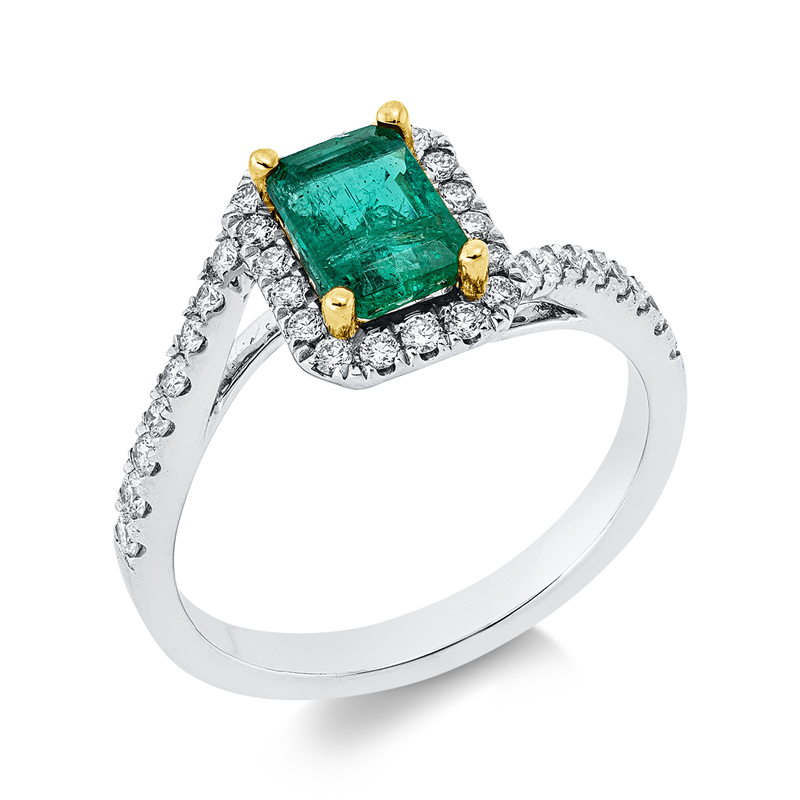 Ring mit Smaragd  aus 750/-18 Karat Weißgold / Gelbgold mit 34 Diamanten 0