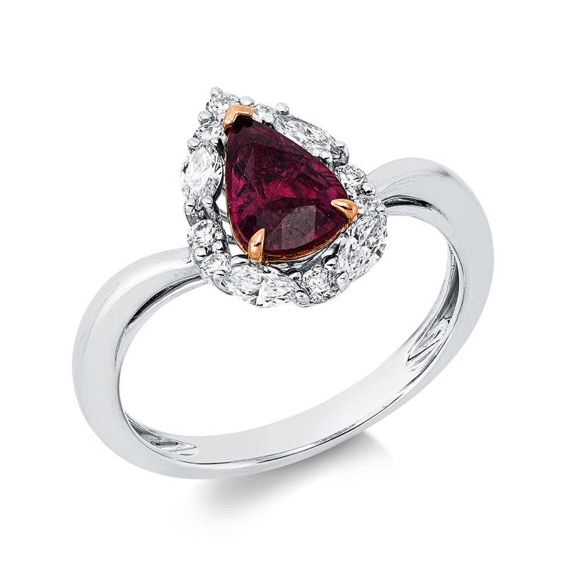 Ring mit Rubin  aus 750/-18 Karat Weißgold / Gelbgold mit 12 Diamanten 0