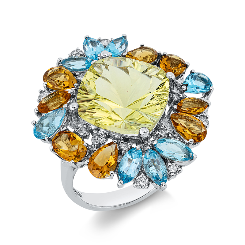 Ring mit Topas  aus 750/-18 Karat Weißgold mit 14 Diamanten 0