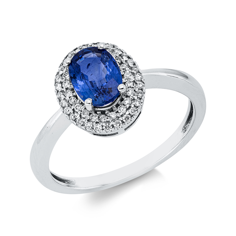Ring mit Saphir  aus 750/-18 Karat Weißgold mit 50 Diamanten 0