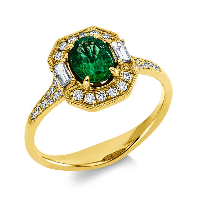 Ring mit Smaragd  aus 750/-18 Karat Gelbgold mit 32 Diamanten 0