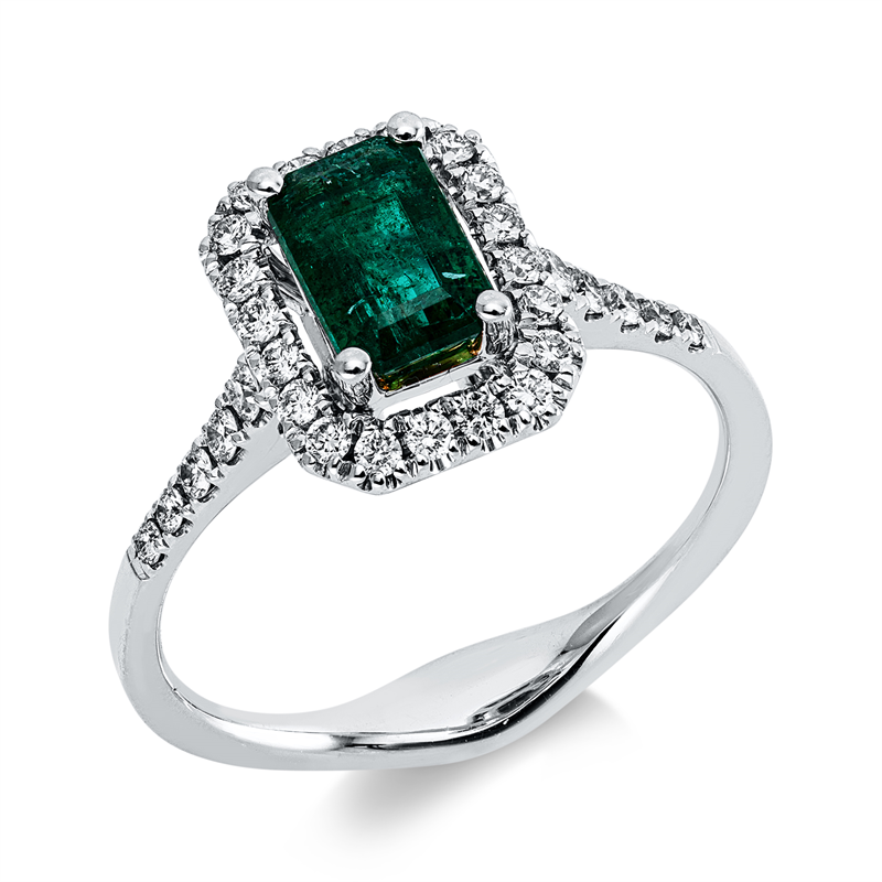 Ring mit Smaragd  aus 750/-18 Karat Weißgold mit 30 Diamanten 0