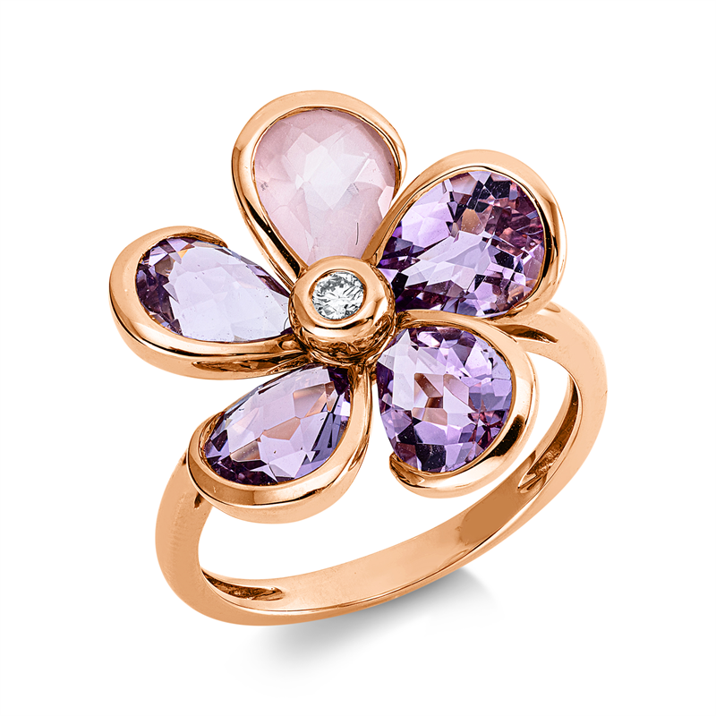 Ring mit Rosenquarz  aus 750/-18 Karat Rotgold mit 1 Diamant 0