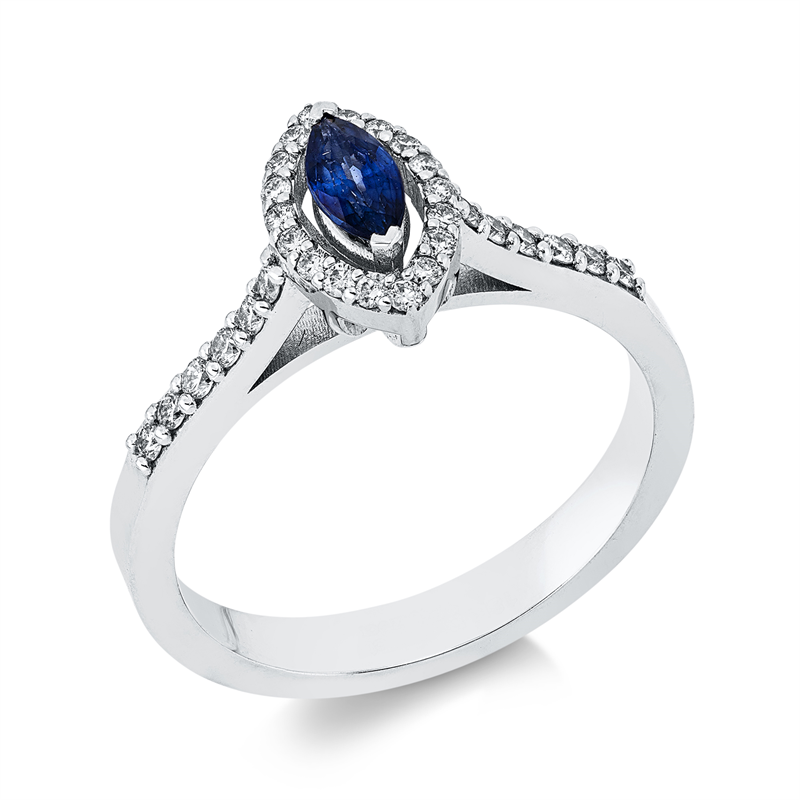 Ring mit Saphir  aus 750/-18 Karat Weißgold mit 30 Diamanten 0