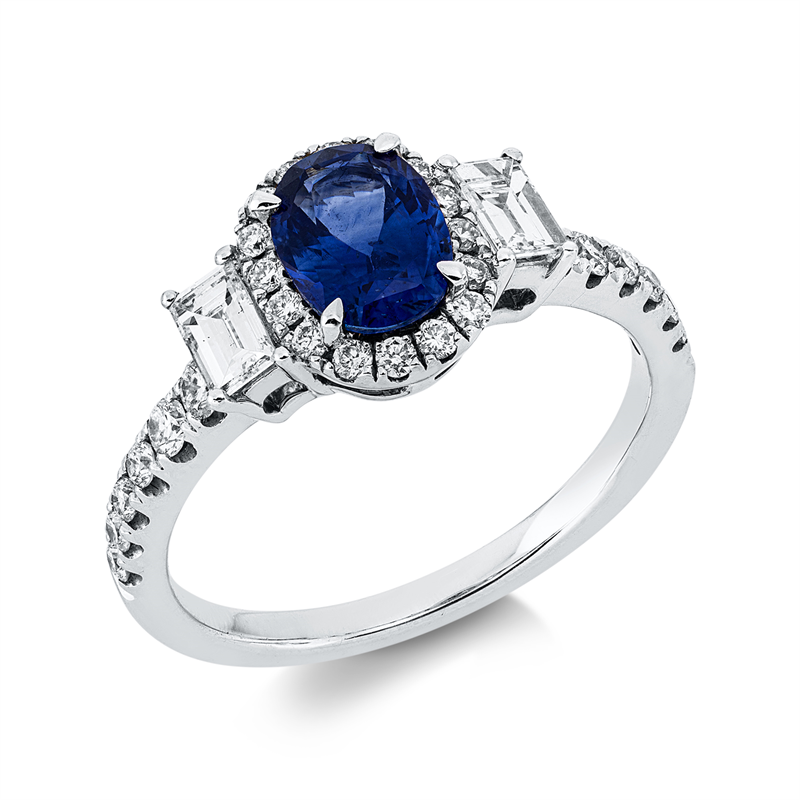 Ring mit Saphir  aus 750/-18 Karat Weißgold mit 30 Diamanten 0