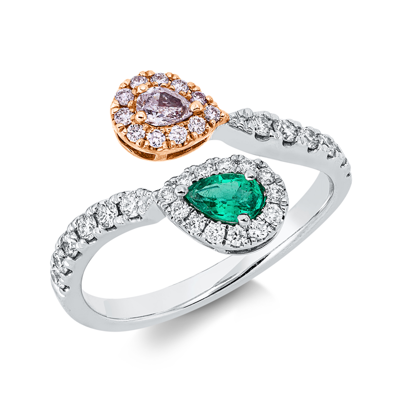 Ring mit Smaragd  aus 750/-18 Karat Weißgold / Rotgold mit 37 Diamanten 0