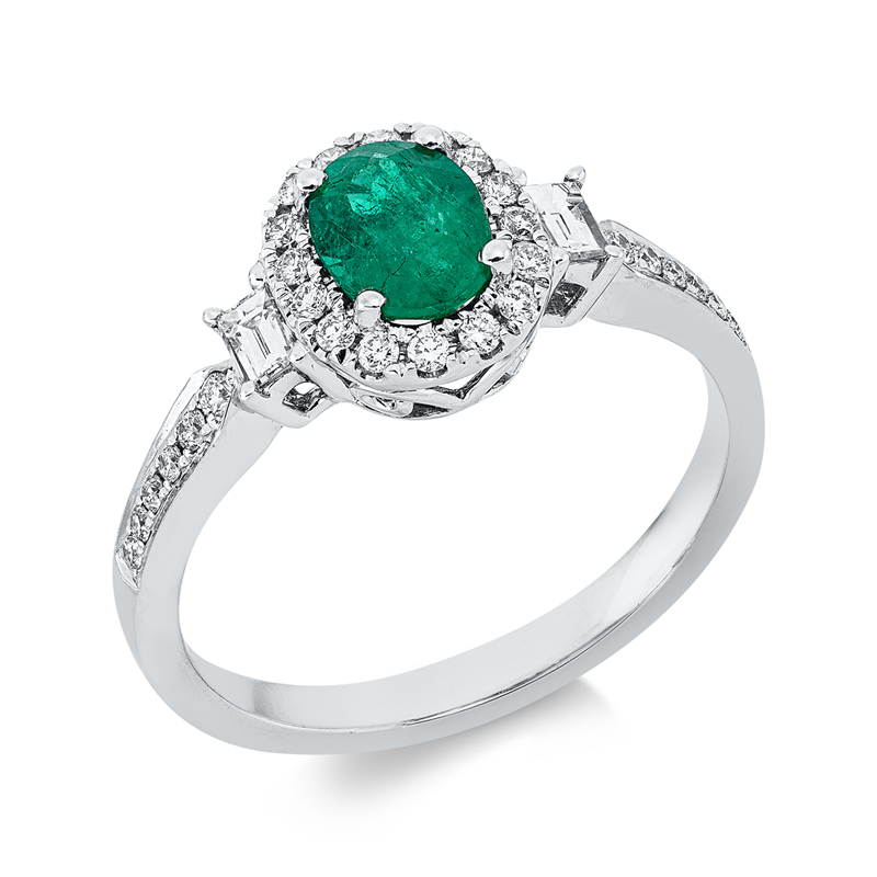 Ring mit Smaragd  aus 750/-18 Karat Weißgold mit 30 Diamanten 0