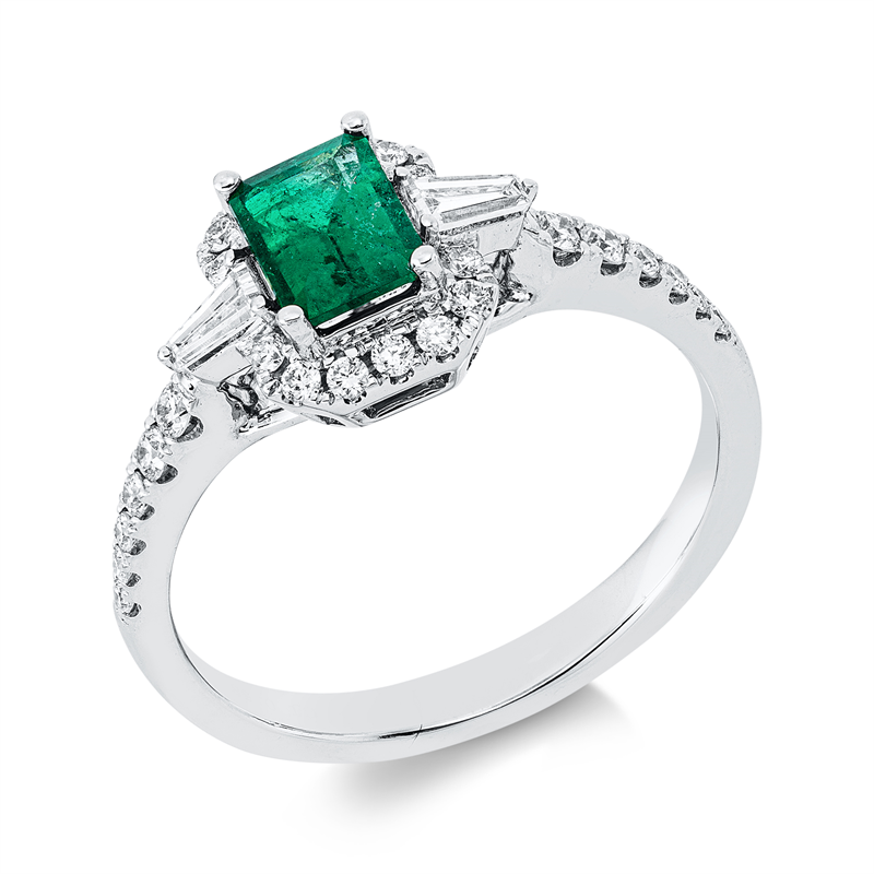 Ring mit Smaragd  aus 750/-18 Karat Weißgold mit 28 Diamanten 0
