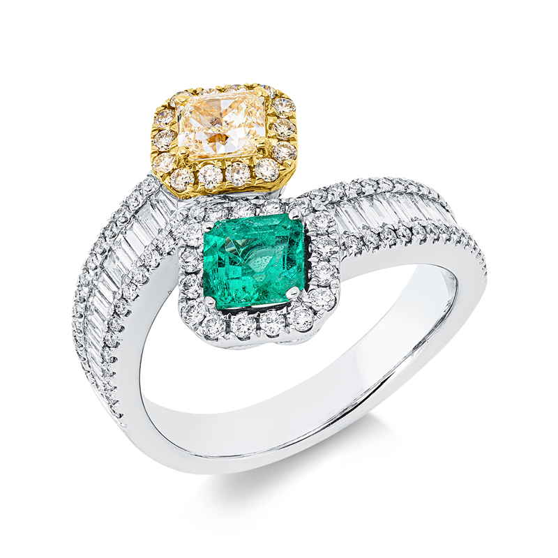 Ring mit Smaragd  aus 750/-18 Karat Weißgold / Gelbgold mit 112 Diamanten 1