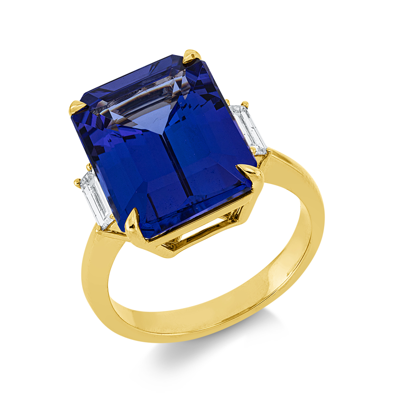 Ring mit Tansanit  aus 750/-18 Karat Gelbgold mit 2 Diamanten 0
