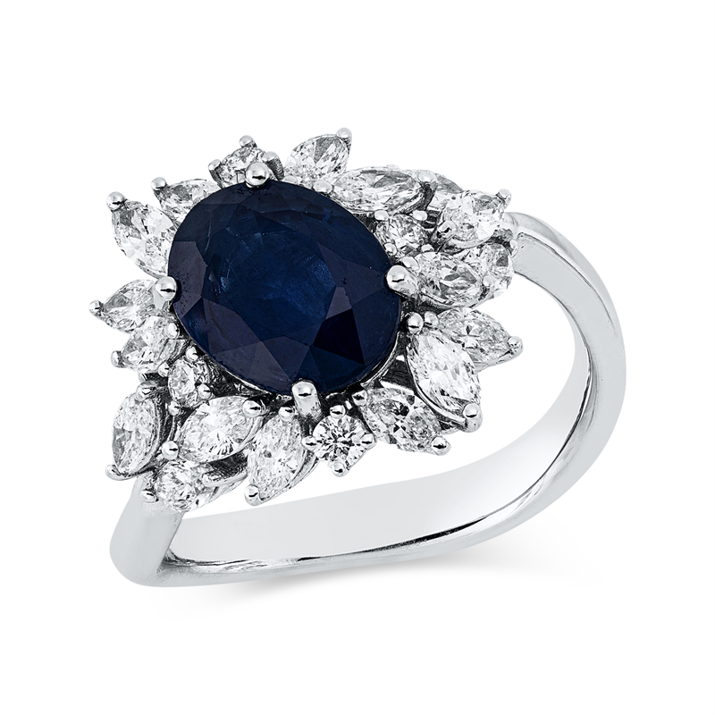 Ring mit Saphir  aus 750/-18 Karat Weißgold mit 22 Diamanten 1 ct