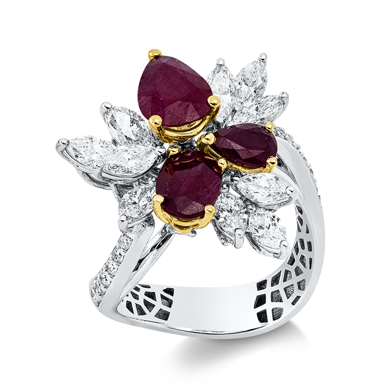 Ring mit Rubin  aus 750/-18 Karat Weißgold / Gelbgold mit 23 Diamanten 1