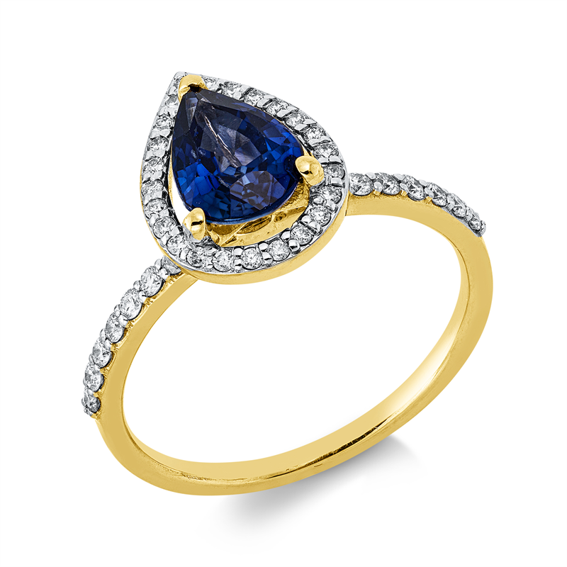 Ring mit Saphir  aus 750/-18 Karat Gelbgold / Weißgold mit 40 Diamanten 0