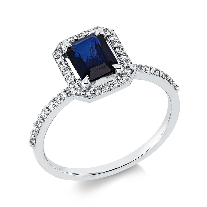 Ring mit Saphir  aus 750/-18 Karat Weißgold mit 40 Diamanten 0