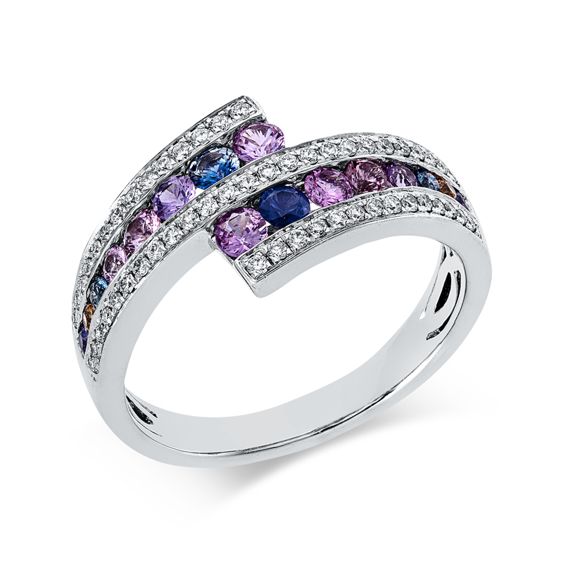 Ring mit Farbstein  aus 750/-18 Karat Weißgold mit 53 Diamanten 0