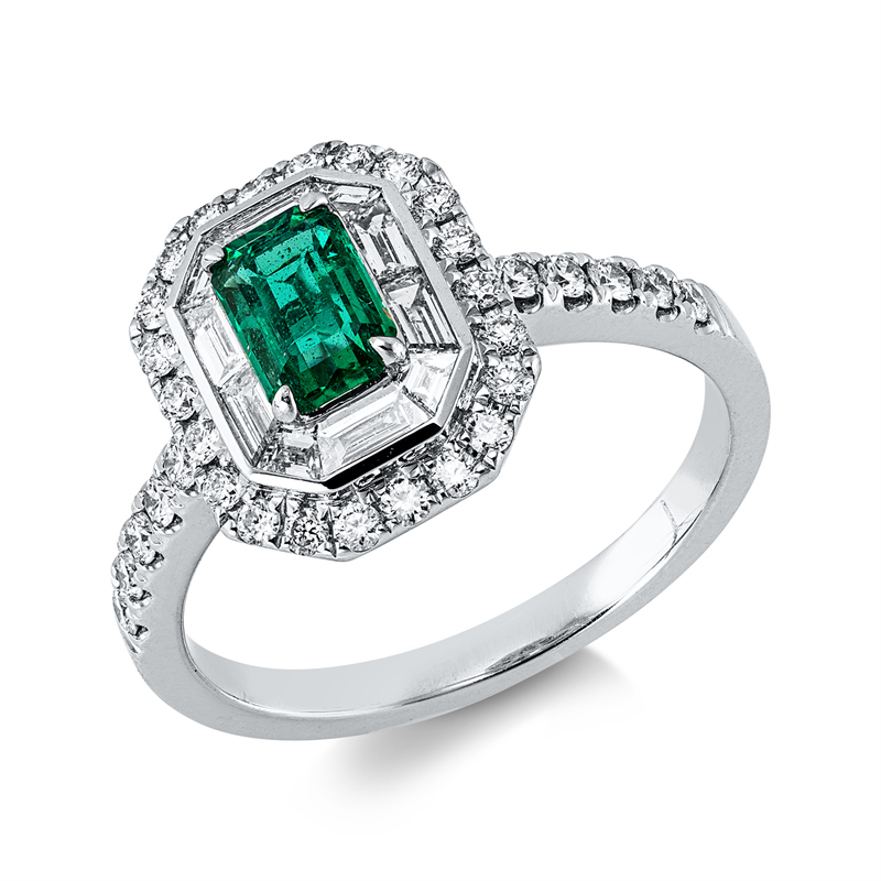 Ring mit Smaragd  aus 750/-18 Karat Weißgold mit 42 Diamanten 0