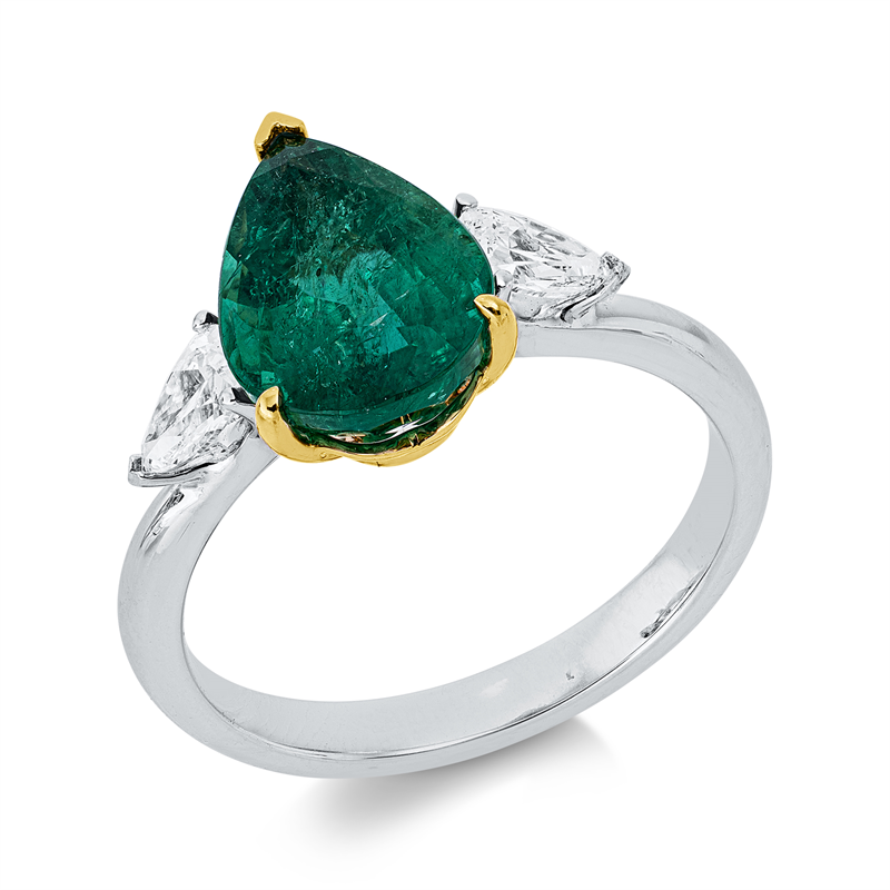 Ring mit Smaragd  aus 750/-18 Karat Weißgold / Gelbgold mit 2 Diamanten 0