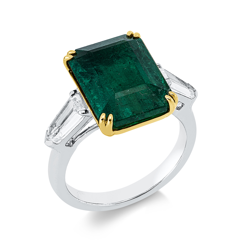 Ring mit Smaragd  aus 750/-18 Karat Weißgold / Gelbgold mit 2 Diamanten 0
