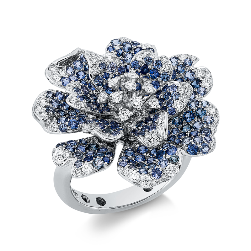 Ring mit Saphir  aus 750/-18 Karat Weißgold mit 72 Diamanten 0