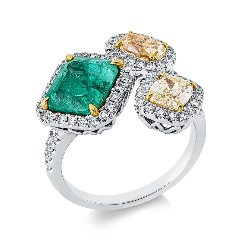 Ring mit Smaragd  aus 750/-18 Karat Weißgold / Gelbgold mit 71 Diamanten 1