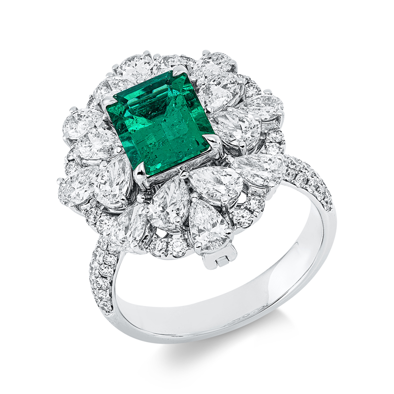 Ring mit Smaragd  aus 750/-18 Karat Weißgold mit 88 Diamanten 2