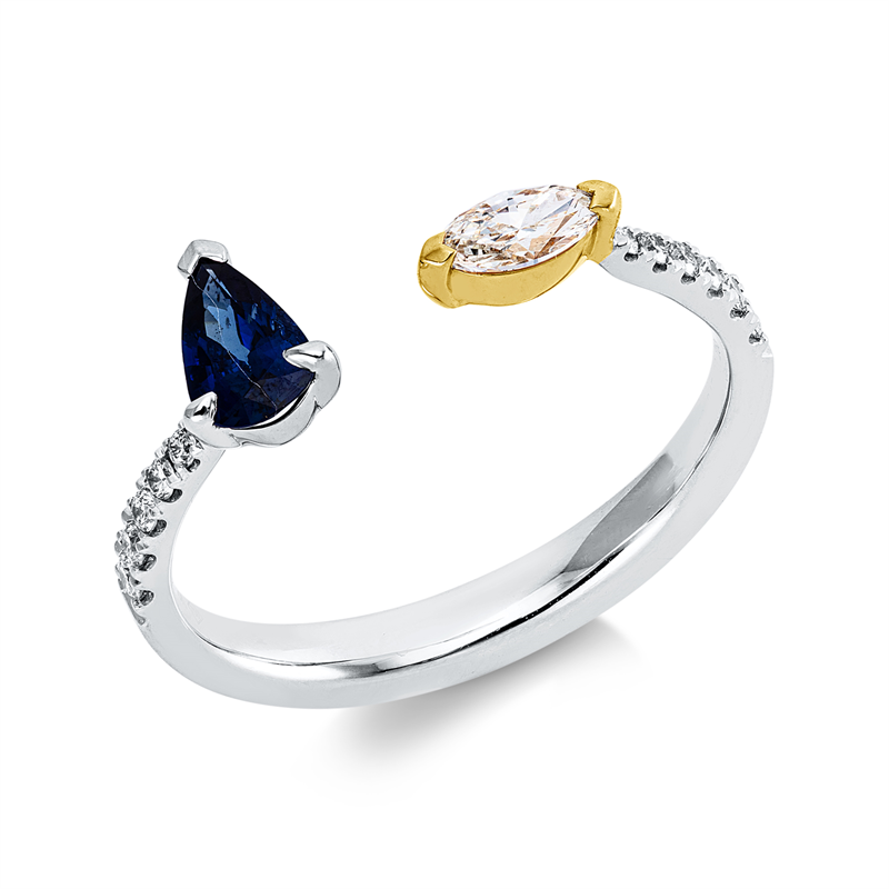 Ring mit Saphir  aus 750/-18 Karat Weißgold / Gelbgold mit 13 Diamanten 0