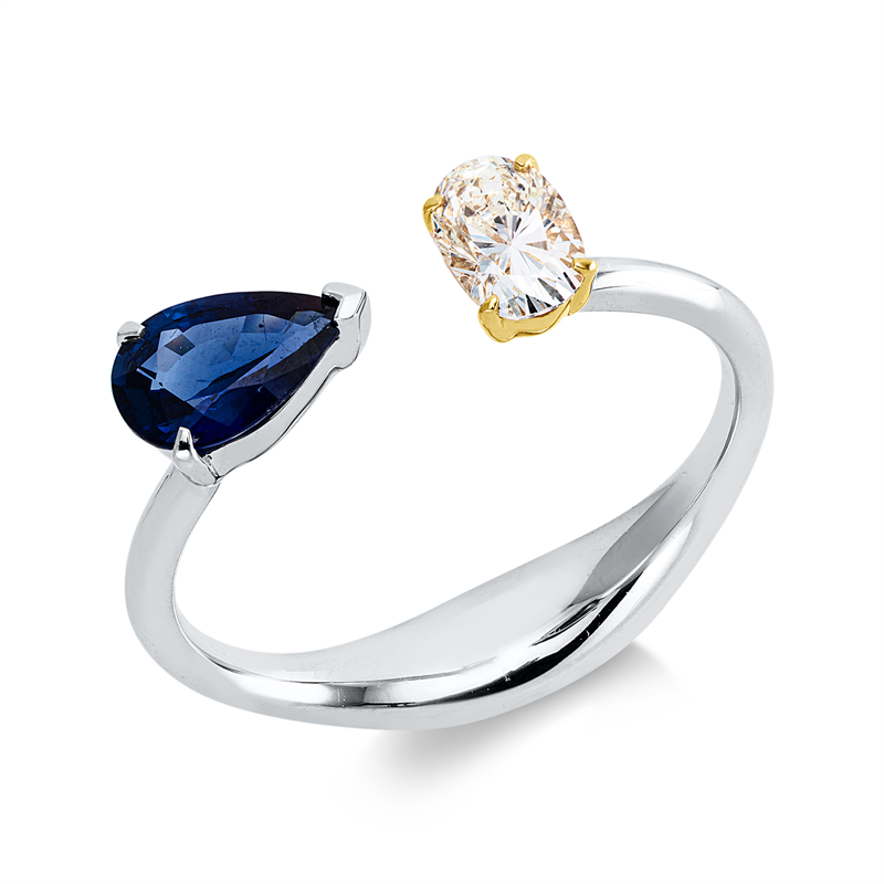 Ring mit Saphir  aus 750/-18 Karat Weißgold / Gelbgold mit 1 Diamant 0