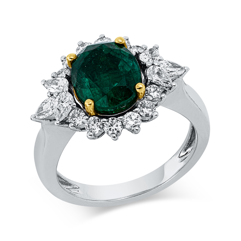 Ring mit Smaragd  aus 750/-18 Karat Weißgold / Gelbgold mit 18 Diamanten 0