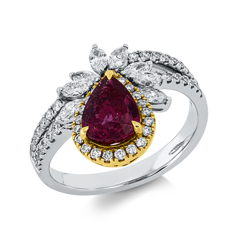 Ring mit Rubin  aus 750/-18 Karat Weißgold / Gelbgold mit 59 Diamanten 0