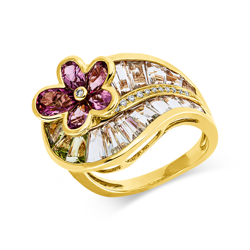 Ring mit Turmalin  aus 750/-18 Karat Gelbgold mit 12 Diamanten 0