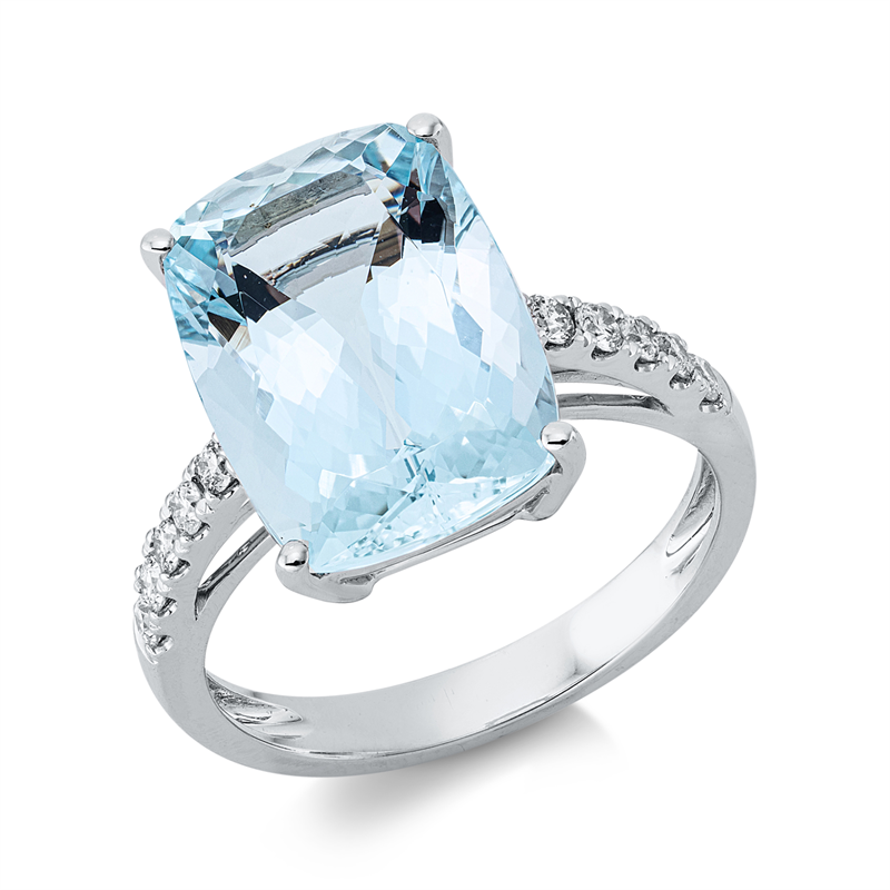 Ring mit Aquamarin  aus 750/-18 Karat Weißgold mit 10 Diamanten 0