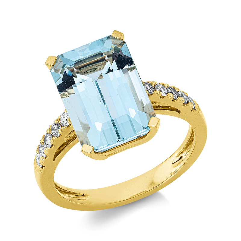Ring mit Aquamarin  aus 750/-18 Karat Gelbgold mit 10 Diamanten 0